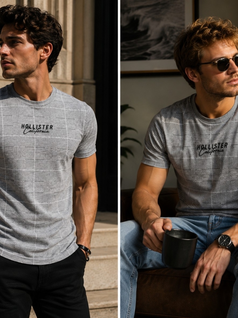 Hollister Gray Plaid Logo Short Sleeve Tee